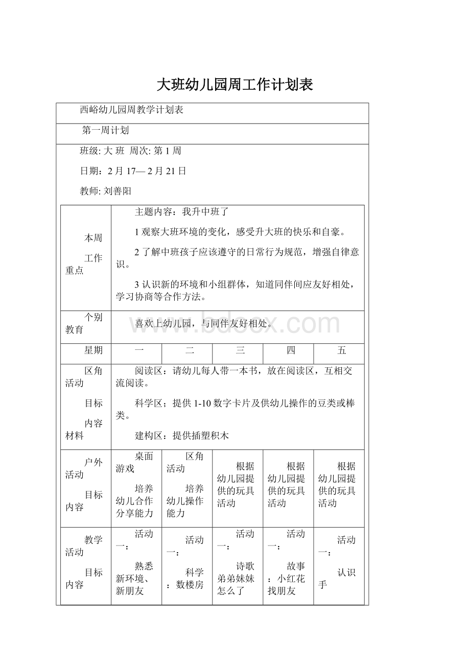 大班幼儿园周工作计划表Word格式.docx_第1页