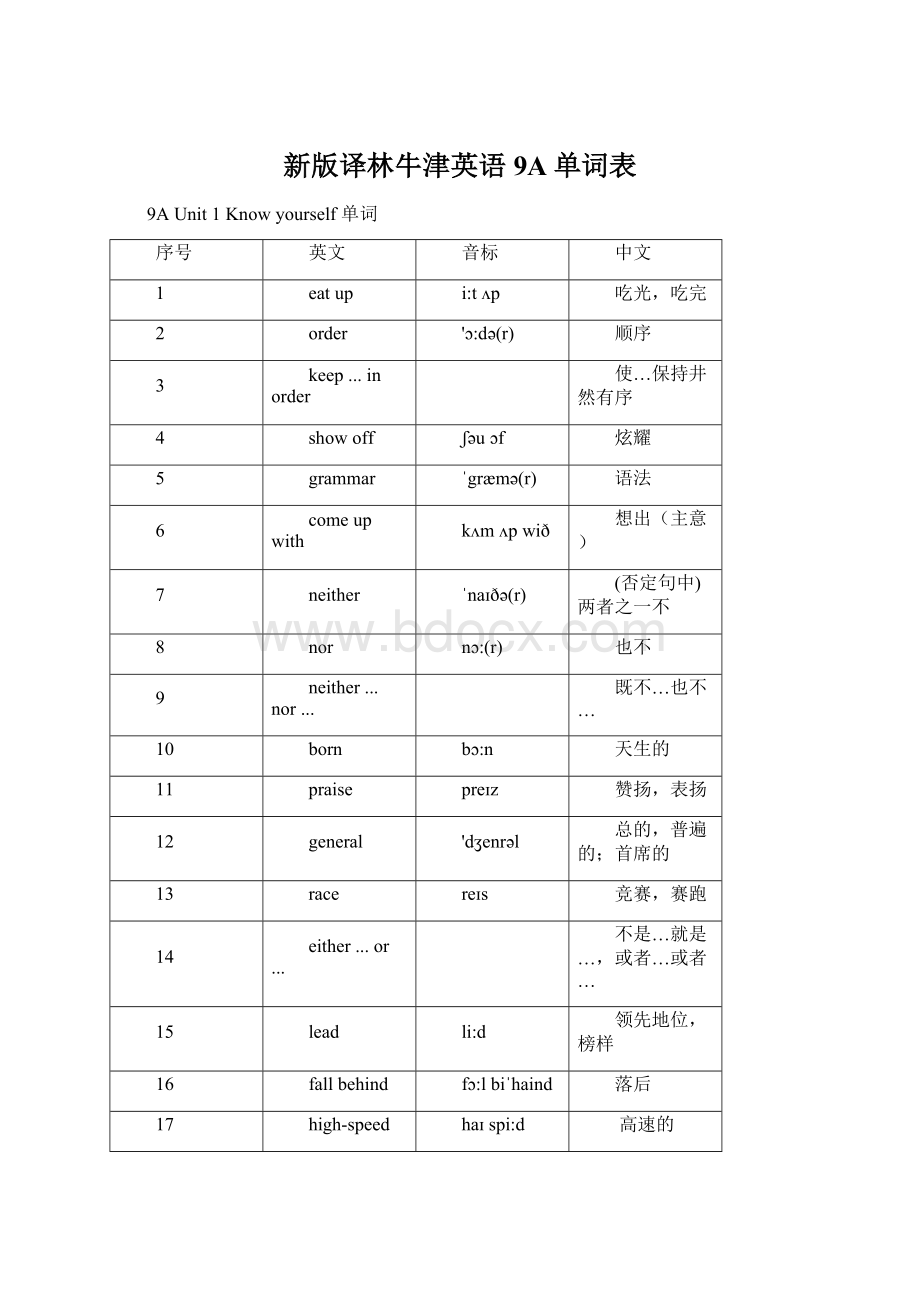 新版译林牛津英语9A单词表Word文档下载推荐.docx