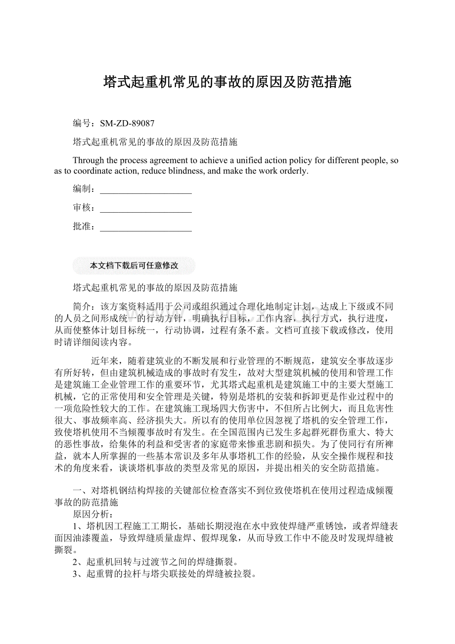 塔式起重机常见的事故的原因及防范措施Word文件下载.docx