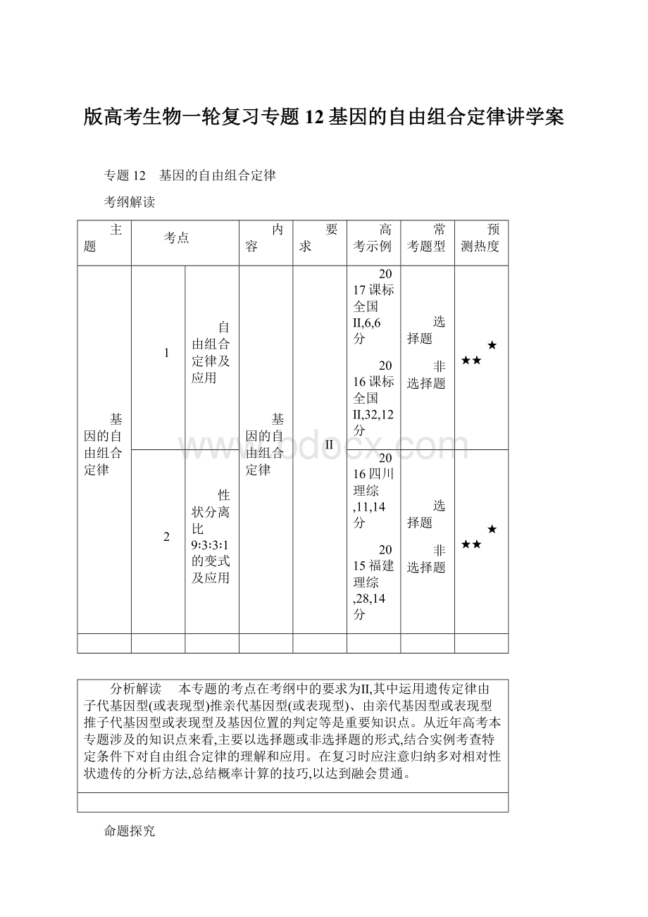 版高考生物一轮复习专题12基因的自由组合定律讲学案.docx