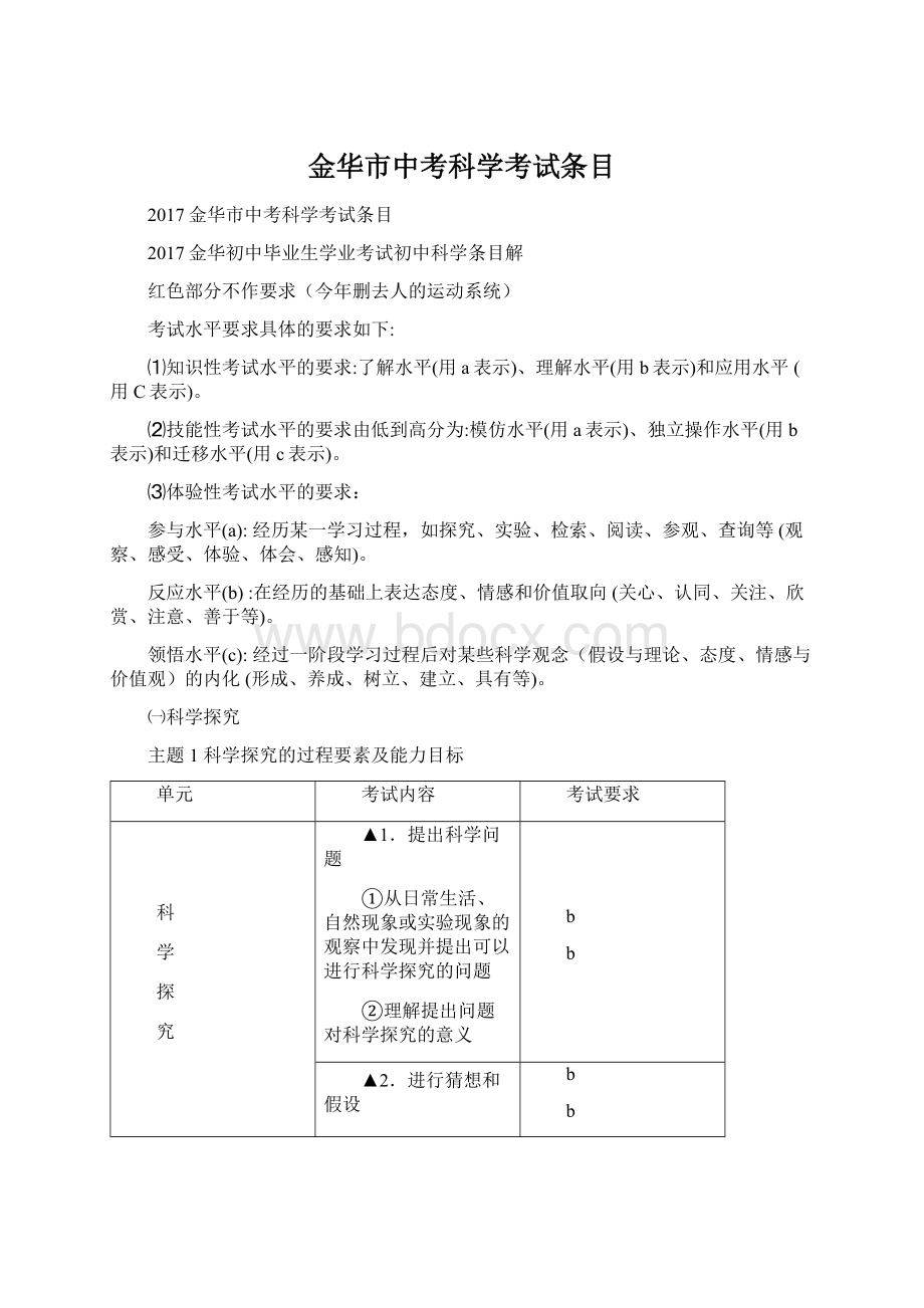 金华市中考科学考试条目Word文档格式.docx