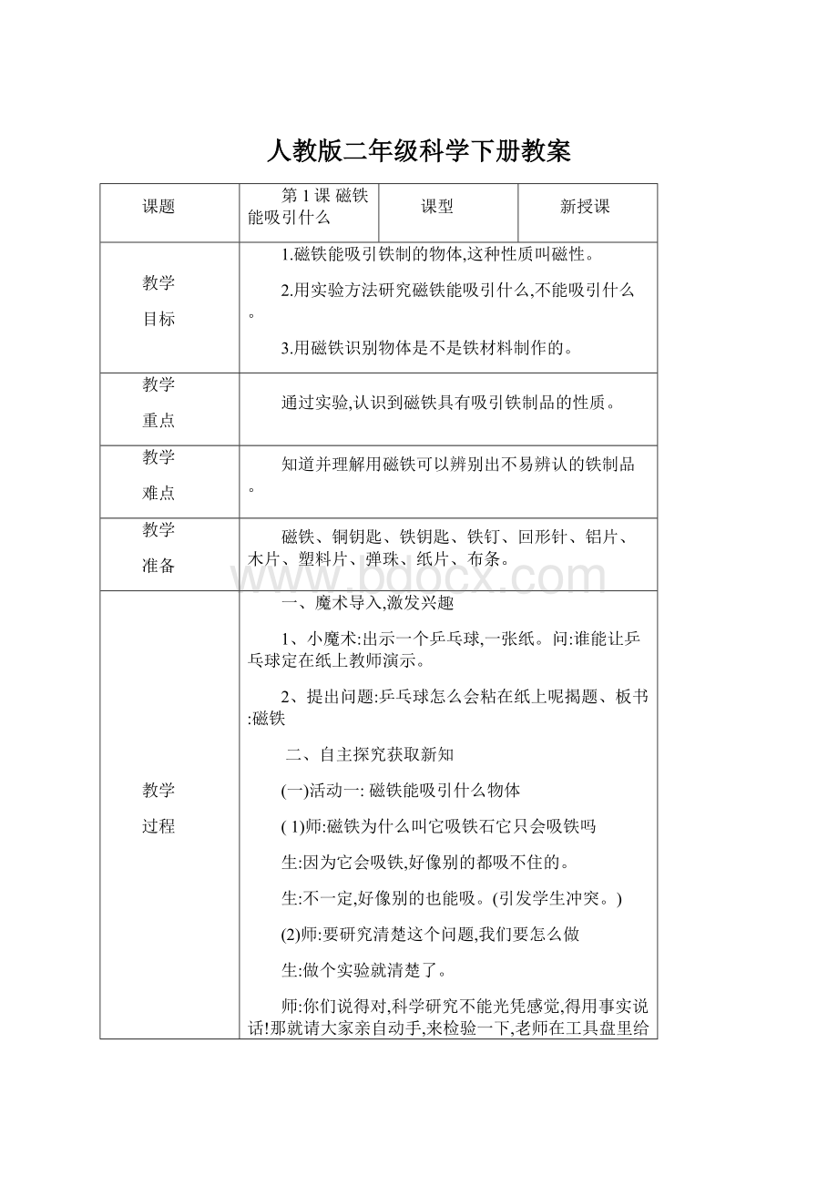 人教版二年级科学下册教案.docx_第1页