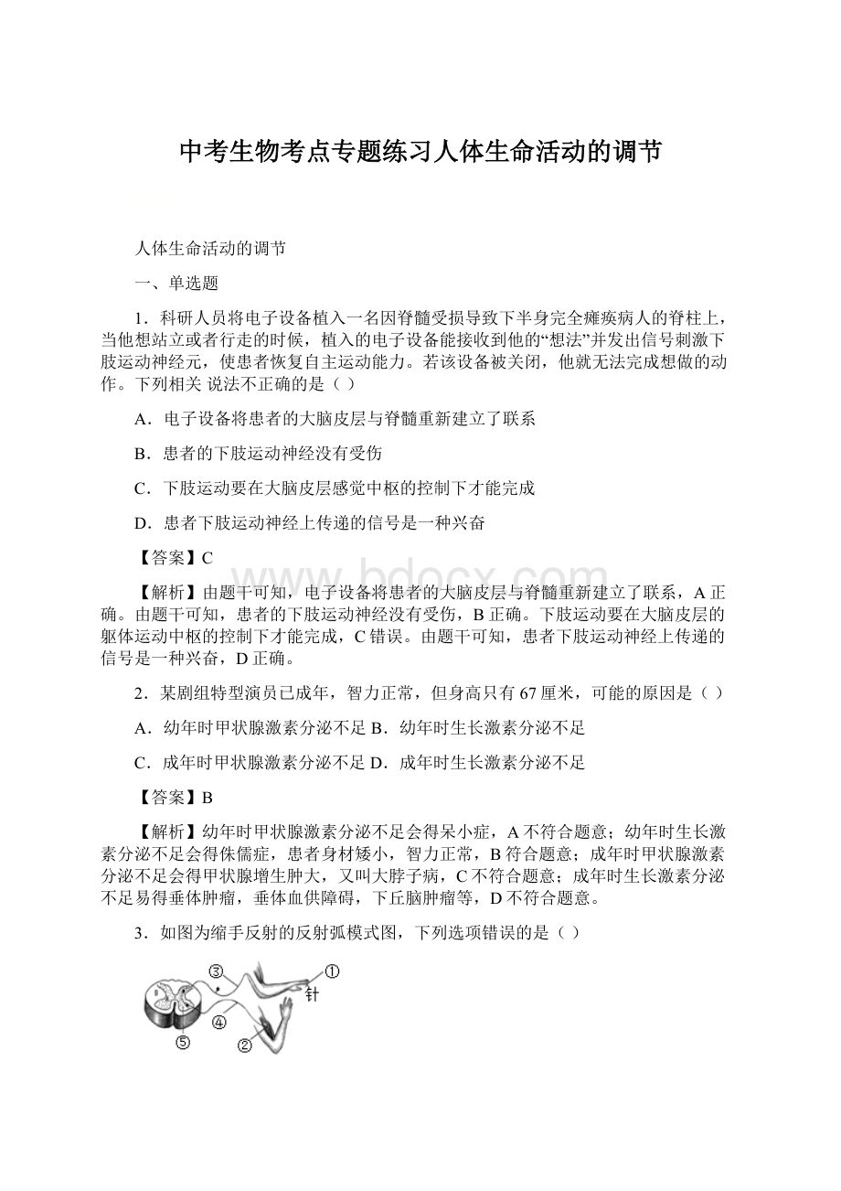 中考生物考点专题练习人体生命活动的调节.docx