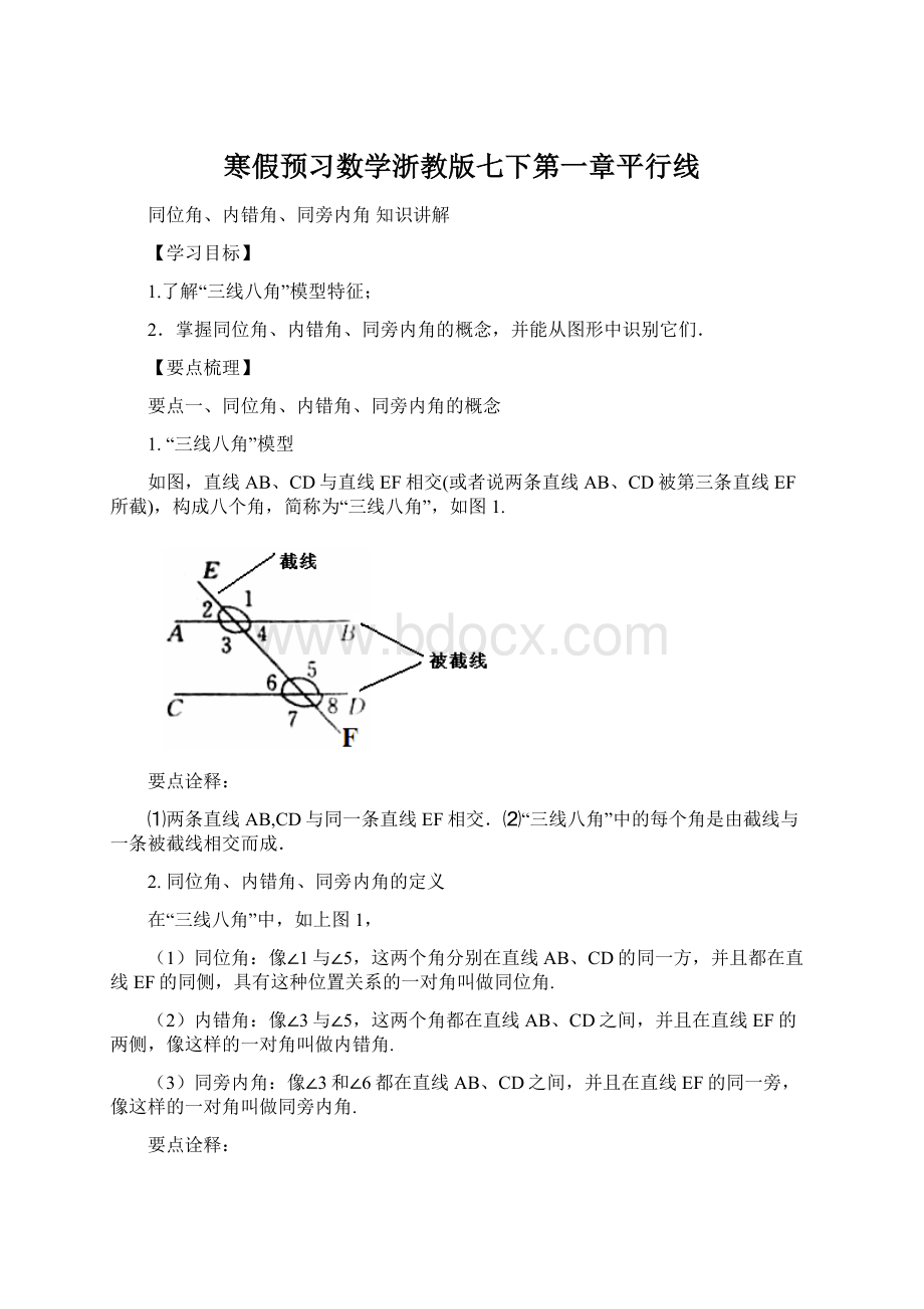 寒假预习数学浙教版七下第一章平行线Word格式文档下载.docx