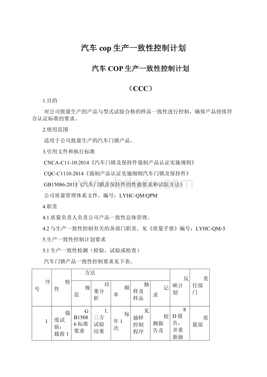 汽车cop生产一致性控制计划.docx