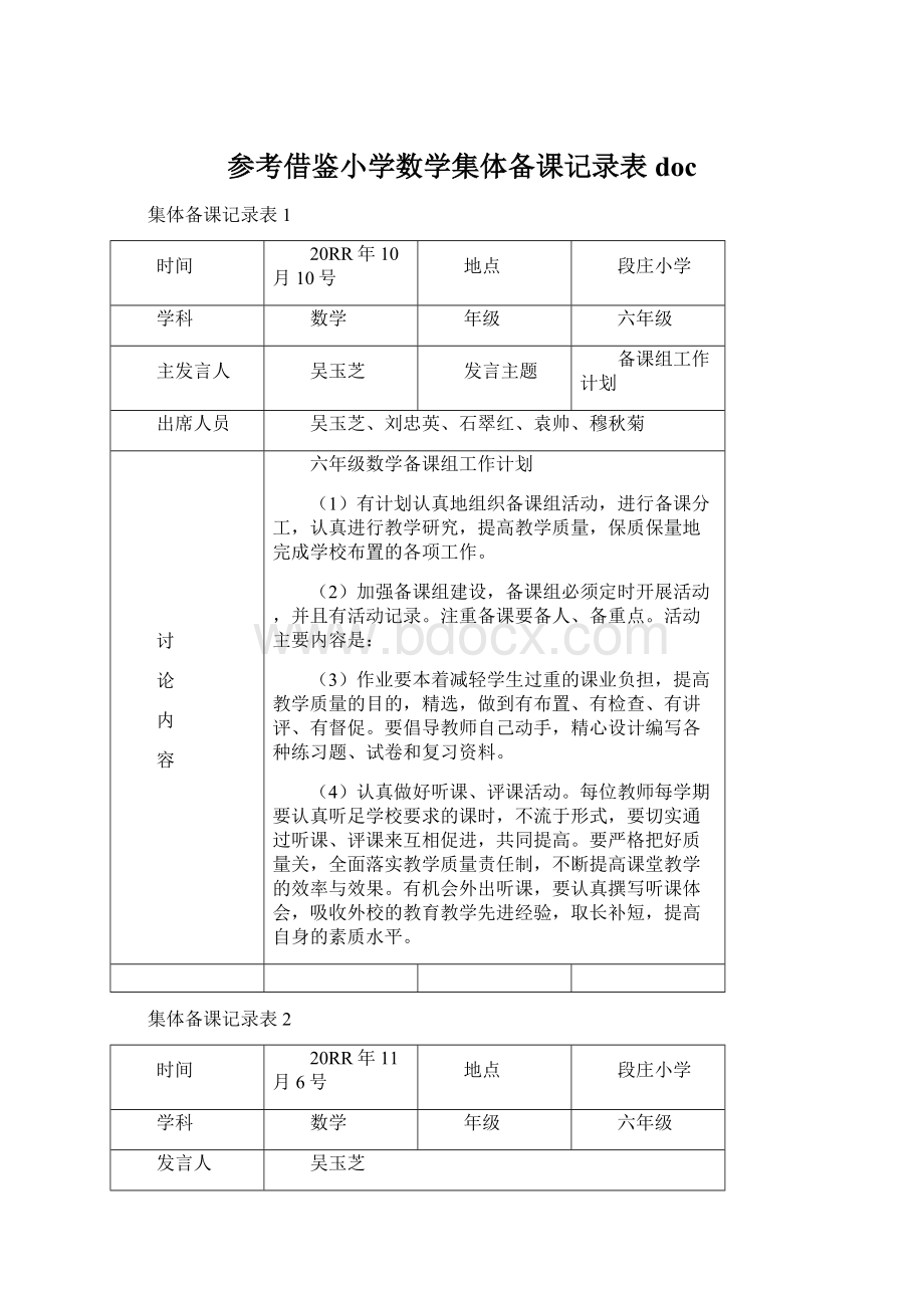 参考借鉴小学数学集体备课记录表docWord下载.docx