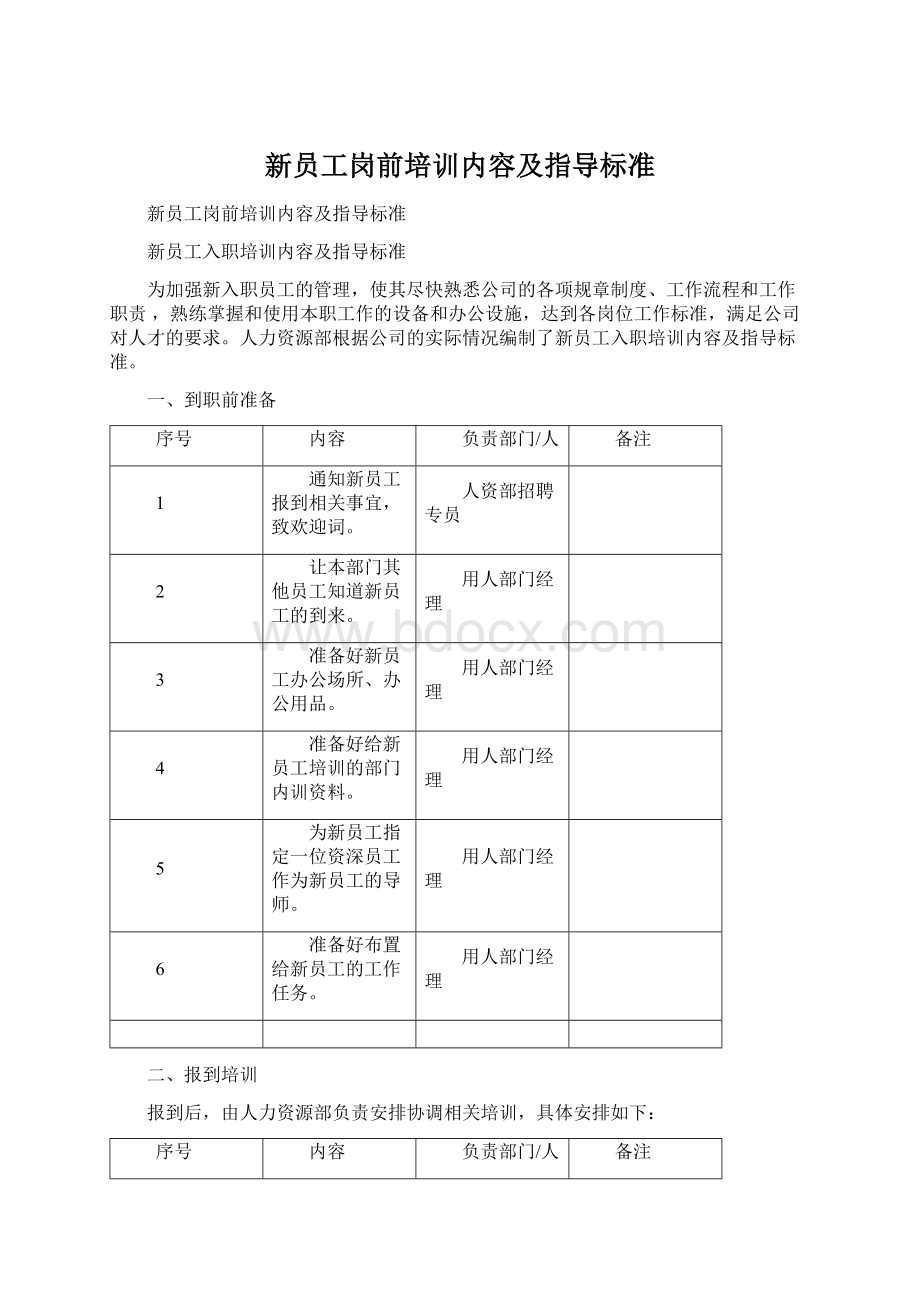 新员工岗前培训内容及指导标准Word文档格式.docx