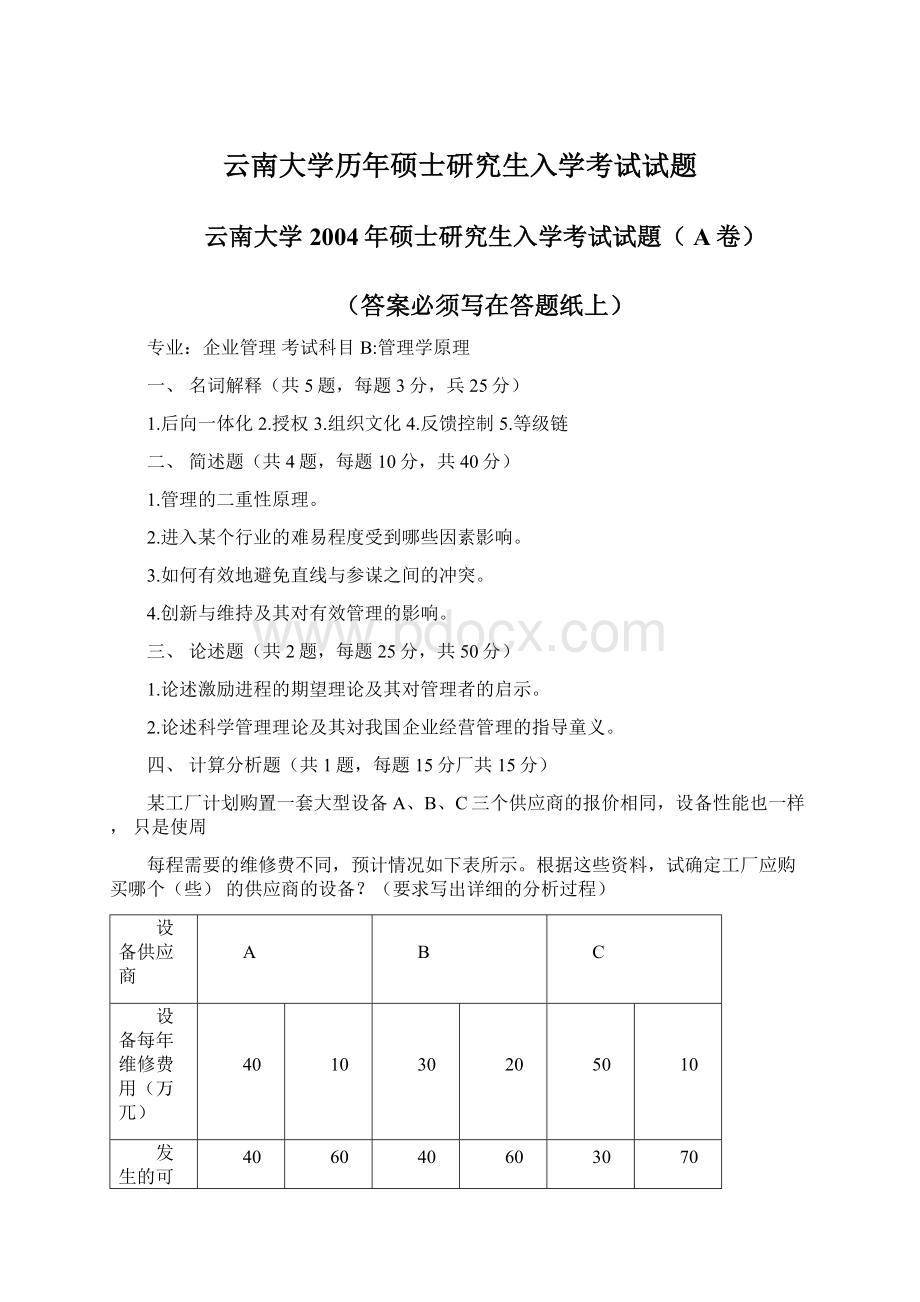 云南大学历年硕士研究生入学考试试题.docx