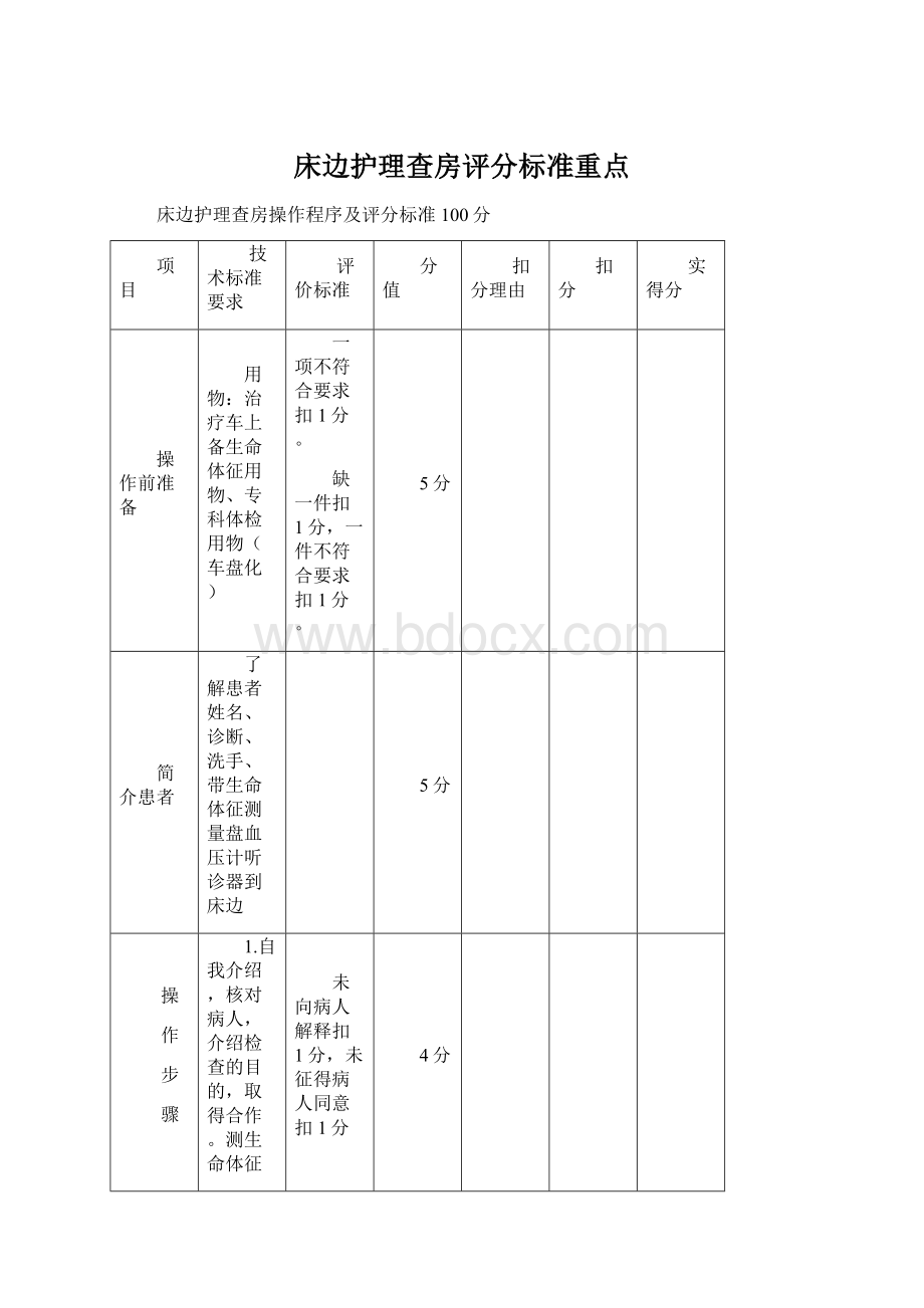 床边护理查房评分标准重点.docx