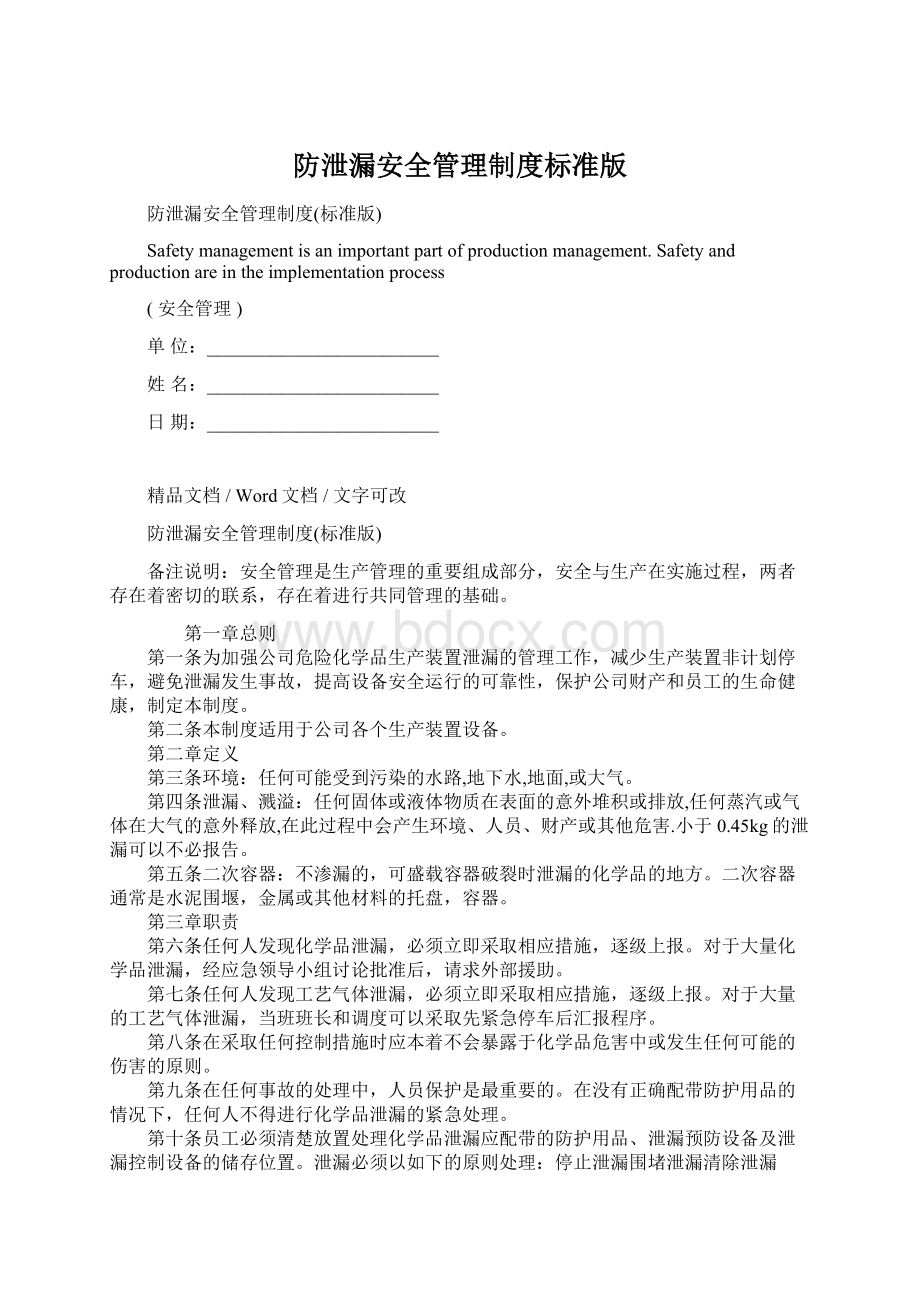 防泄漏安全管理制度标准版Word文档下载推荐.docx