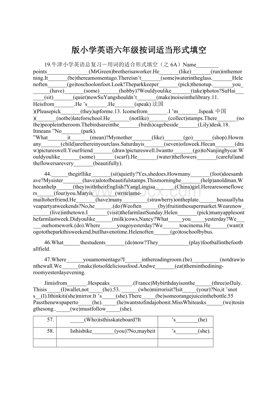 版小学英语六年级按词适当形式填空Word格式.docx