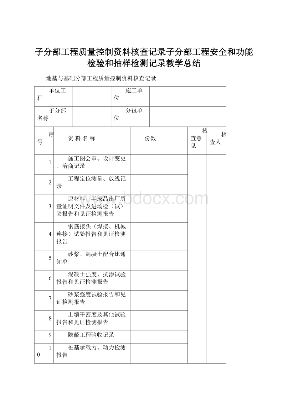 子分部工程质量控制资料核查记录子分部工程安全和功能检验和抽样检测记录教学总结Word格式.docx