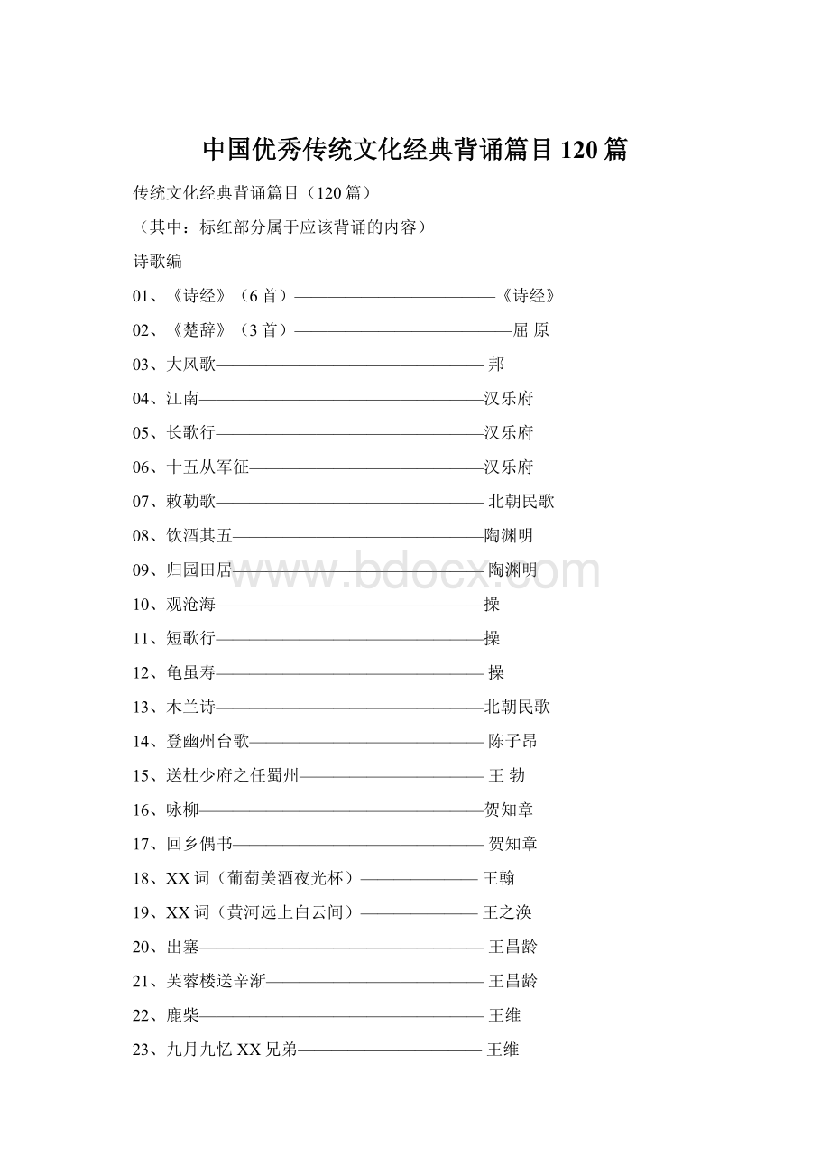 中国优秀传统文化经典背诵篇目120篇Word下载.docx