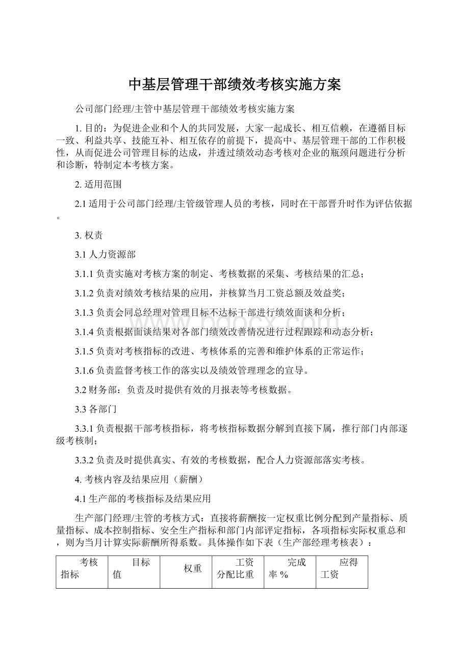 中基层管理干部绩效考核实施方案.docx_第1页