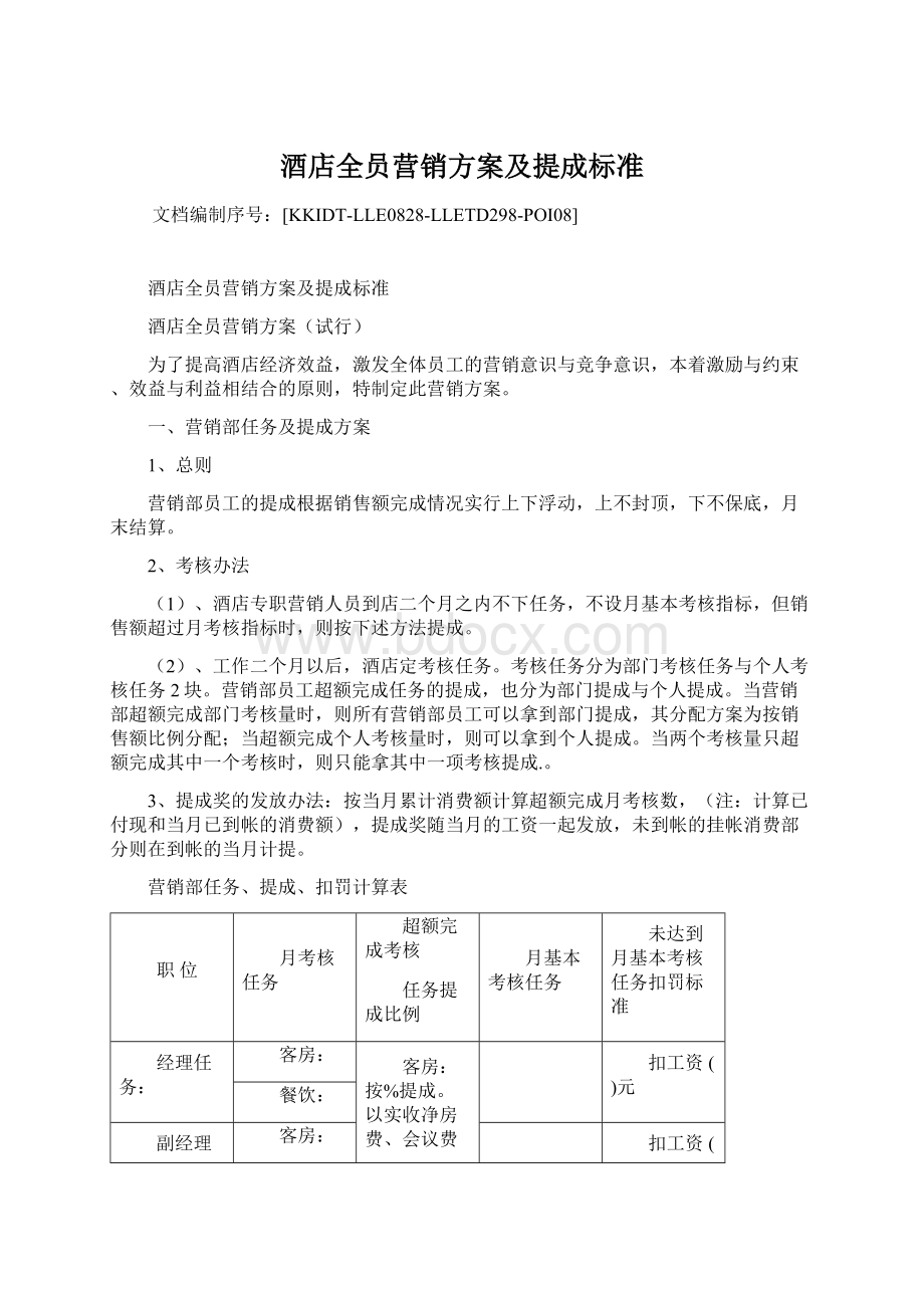 酒店全员营销方案及提成标准Word文档下载推荐.docx_第1页