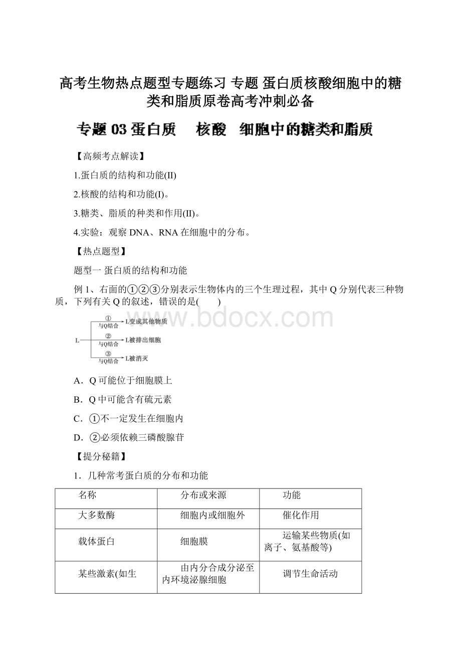 高考生物热点题型专题练习 专题 蛋白质核酸细胞中的糖类和脂质原卷高考冲刺必备Word格式.docx_第1页