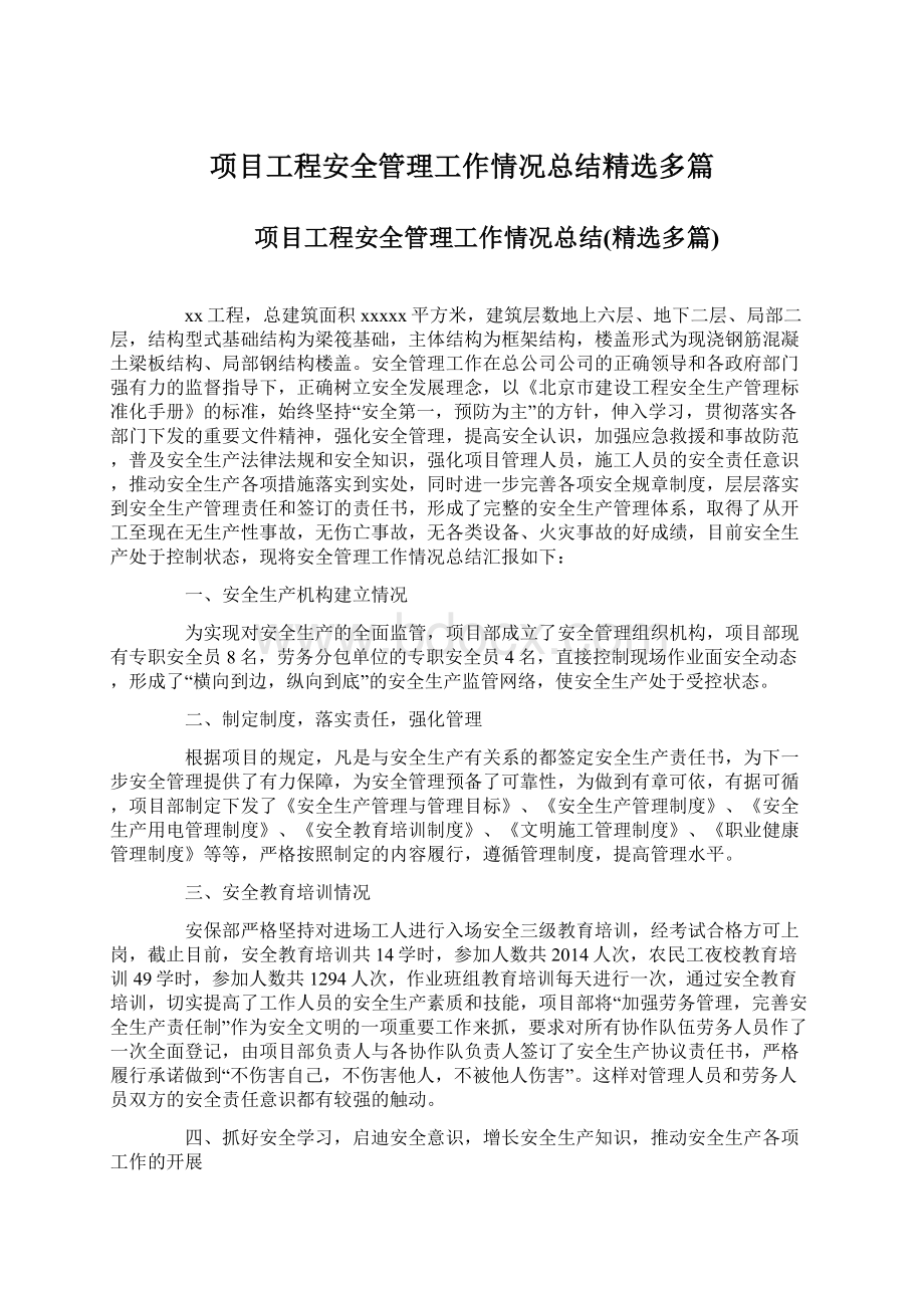 项目工程安全管理工作情况总结精选多篇.docx