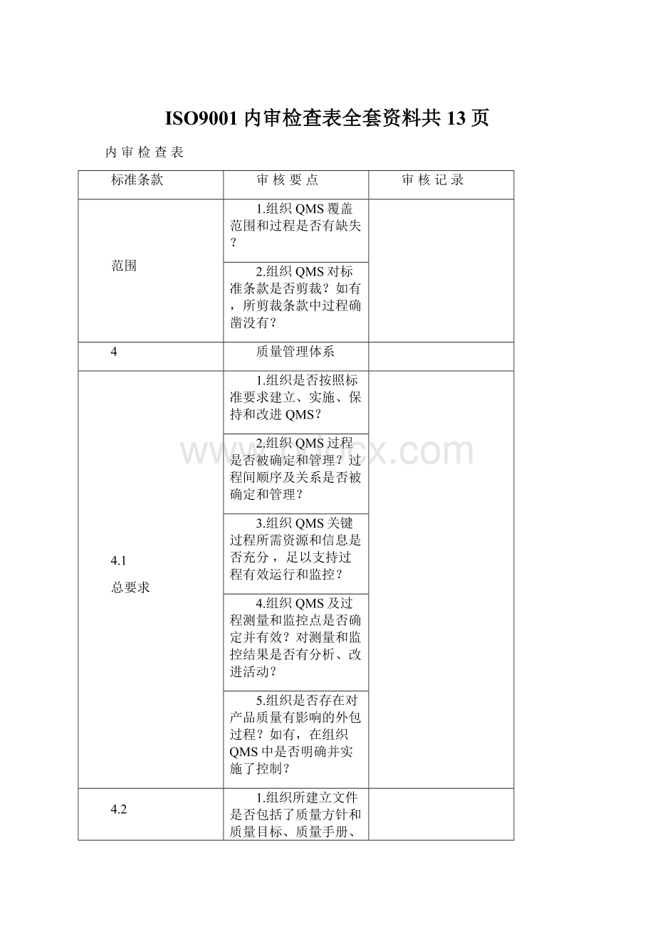 ISO9001内审检查表全套资料共13页Word格式文档下载.docx