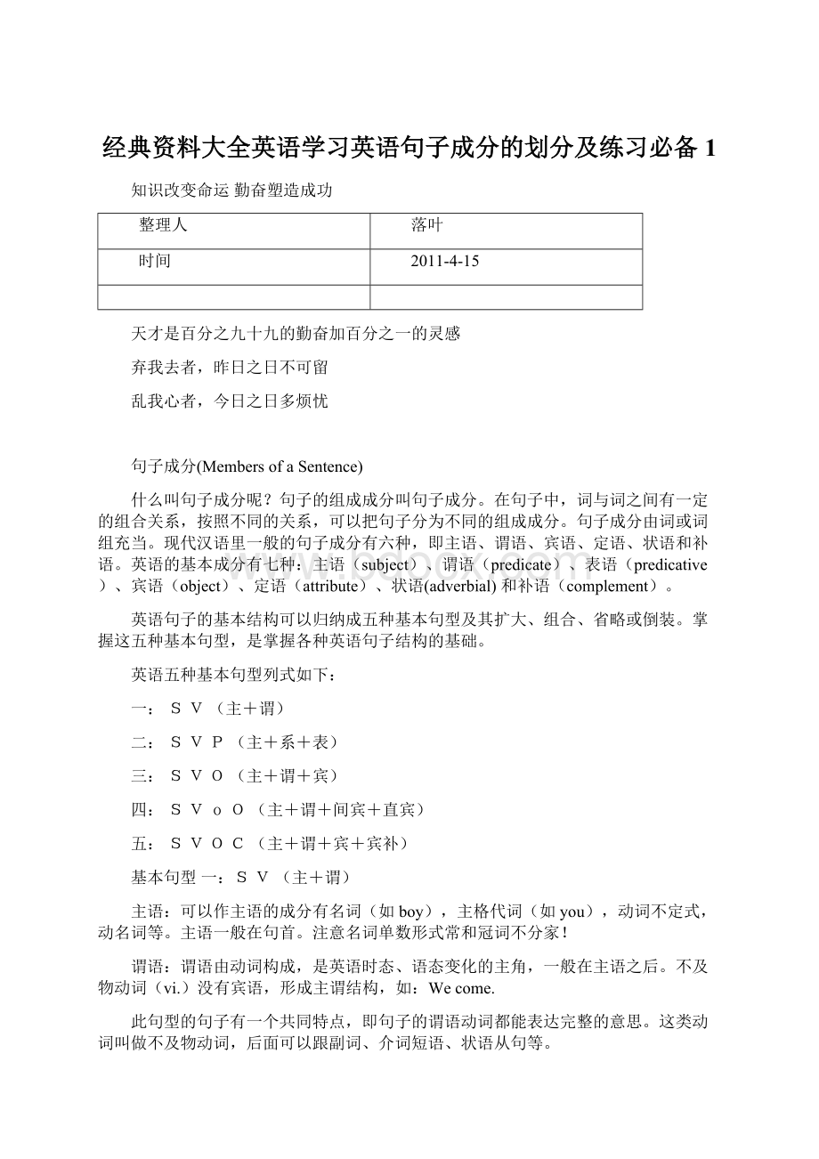 经典资料大全英语学习英语句子成分的划分及练习必备1.docx