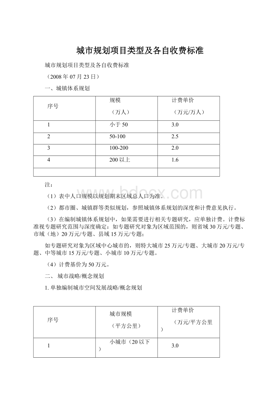 城市规划项目类型及各自收费标准.docx