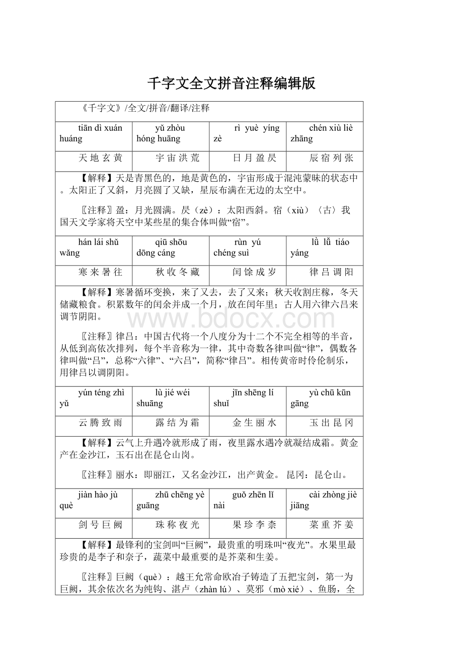 千字文全文拼音注释编辑版Word文件下载.docx