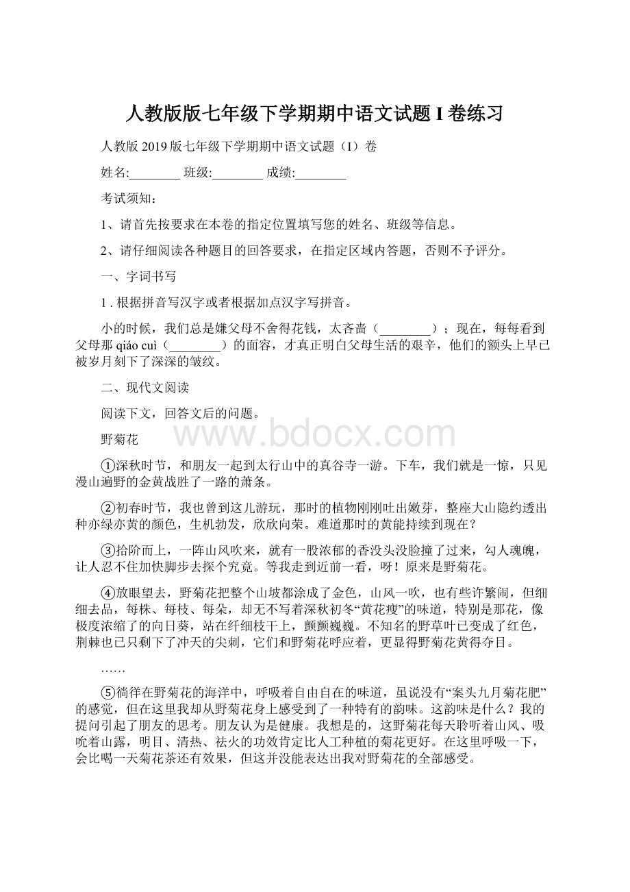 人教版版七年级下学期期中语文试题I卷练习.docx