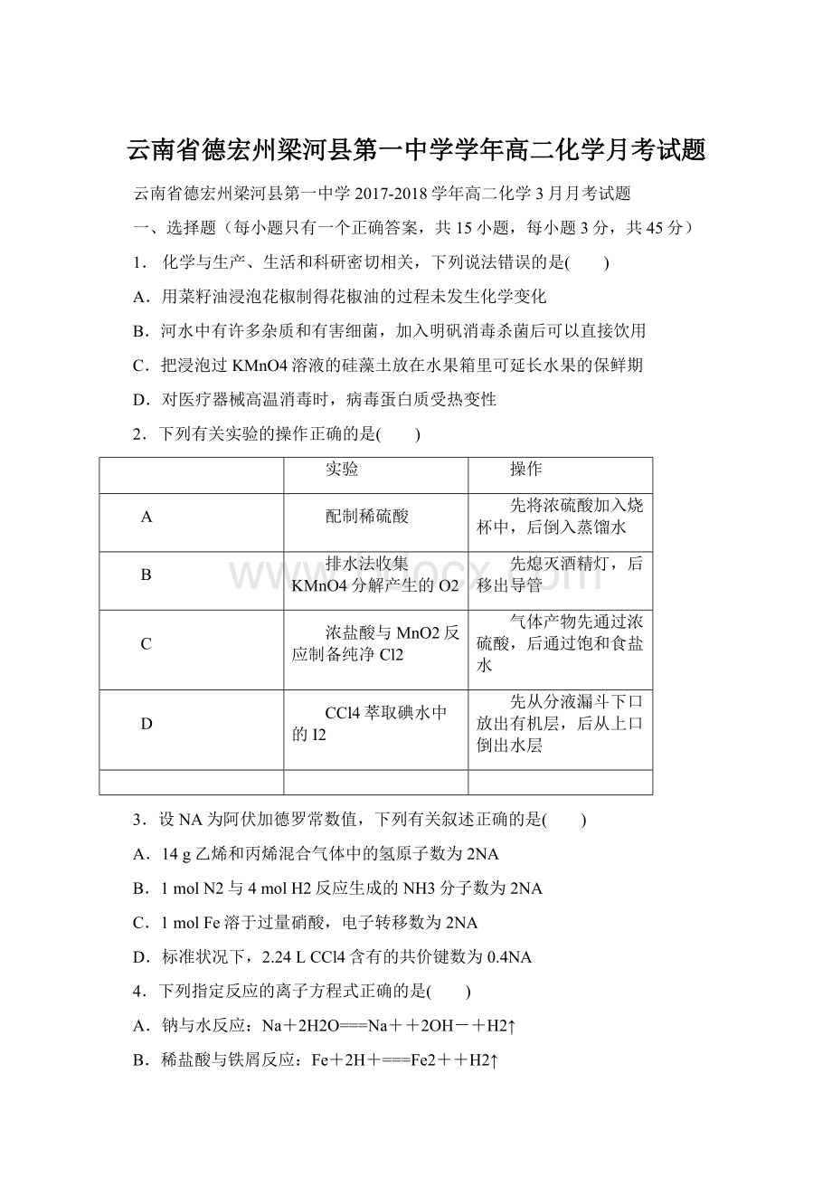 云南省德宏州梁河县第一中学学年高二化学月考试题.docx_第1页