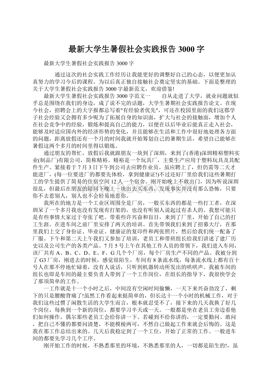 最新大学生暑假社会实践报告3000字Word文档格式.docx