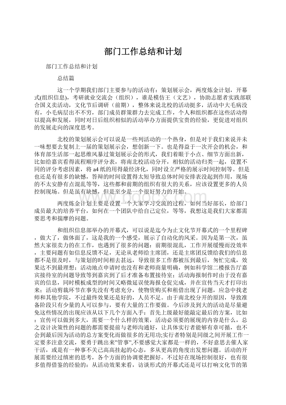 部门工作总结和计划.docx_第1页