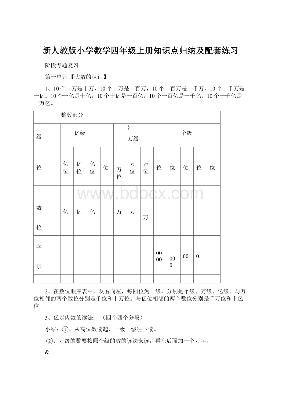 新人教版小学数学四年级上册知识点归纳及配套练习.docx