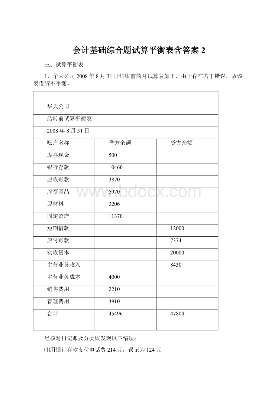 会计基础综合题试算平衡表含答案2.docx