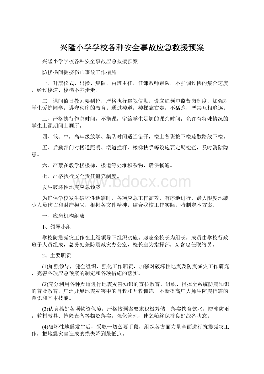 兴隆小学学校各种安全事故应急救援预案Word文档格式.docx