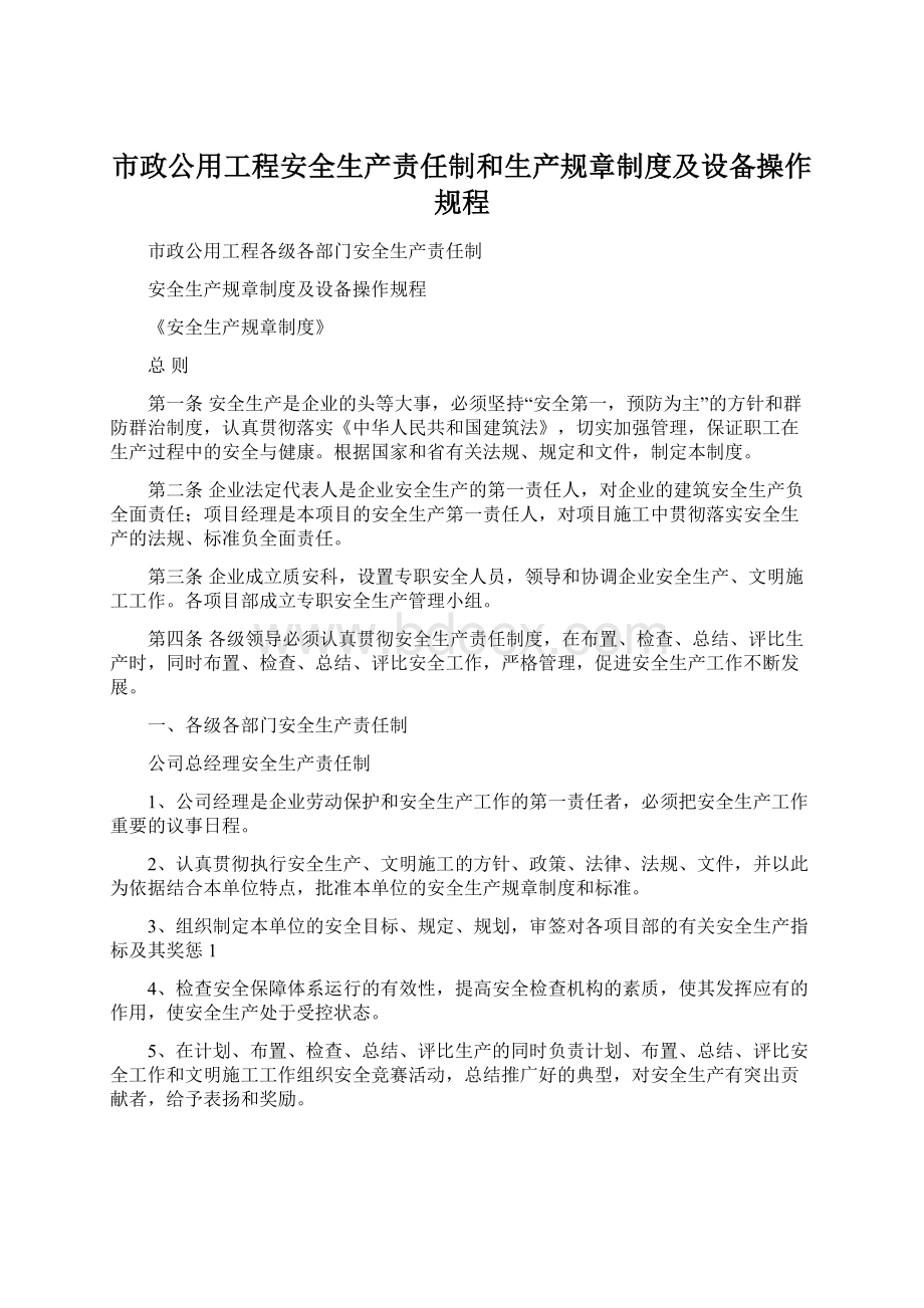 市政公用工程安全生产责任制和生产规章制度及设备操作规程.docx_第1页