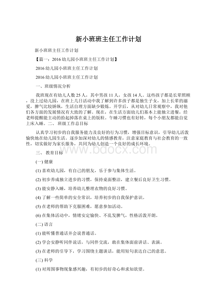 新小班班主任工作计划Word文件下载.docx