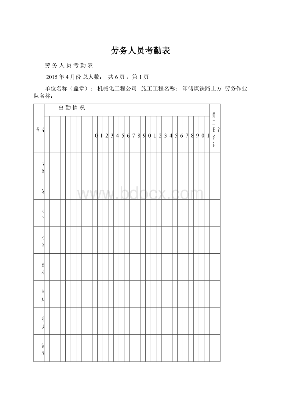 劳务人员考勤表Word文档下载推荐.docx