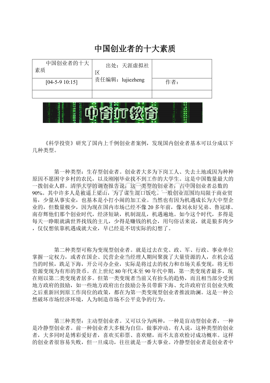 中国创业者的十大素质Word下载.docx