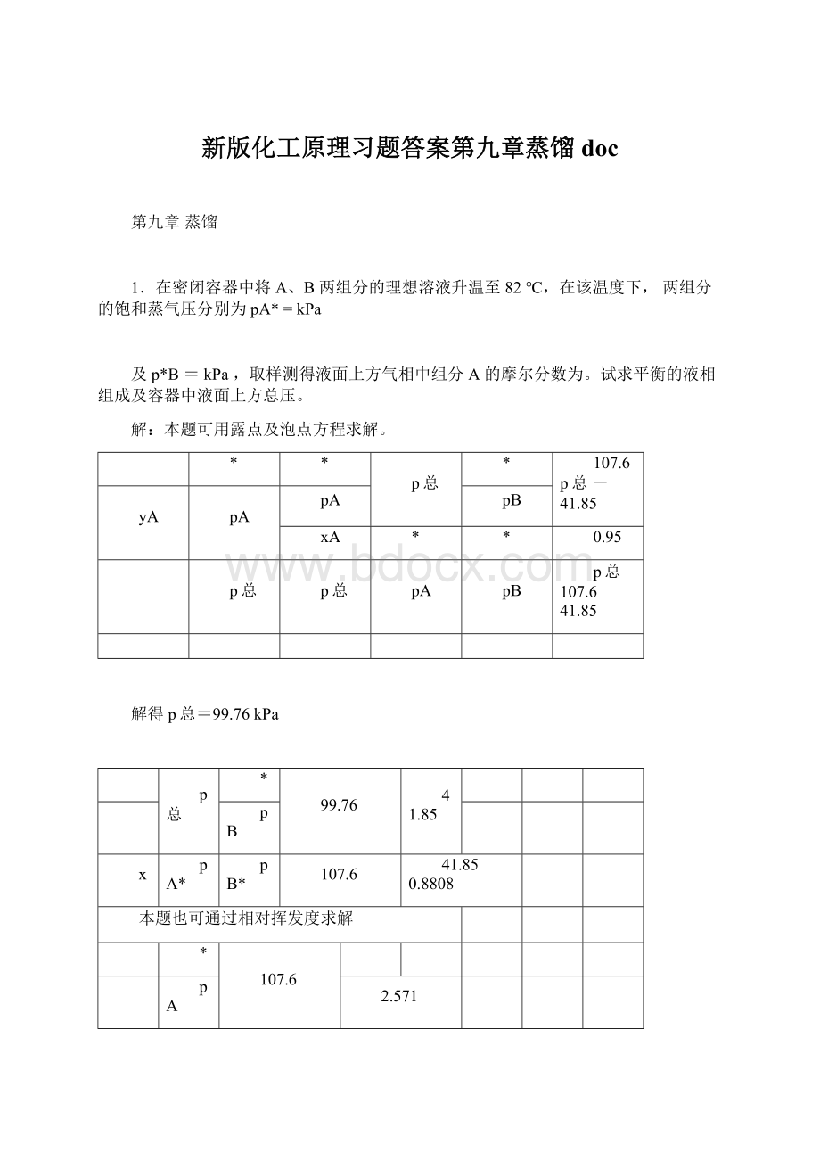 新版化工原理习题答案第九章蒸馏doc.docx