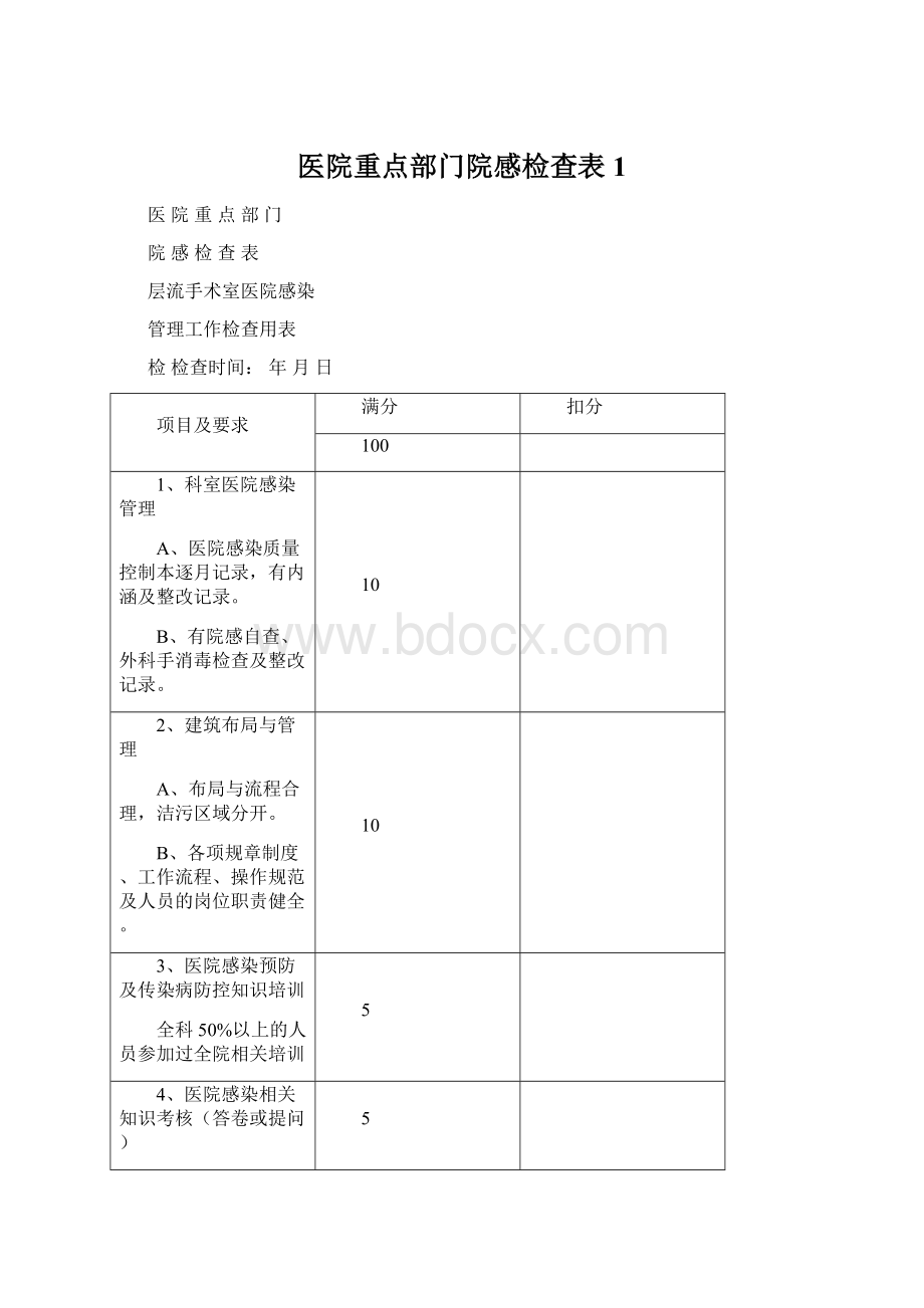 医院重点部门院感检查表 1文档格式.docx_第1页