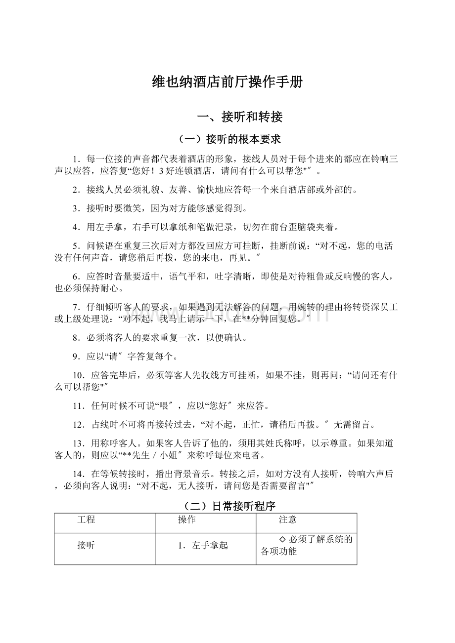 维也纳酒店前厅操作手册Word文档下载推荐.docx