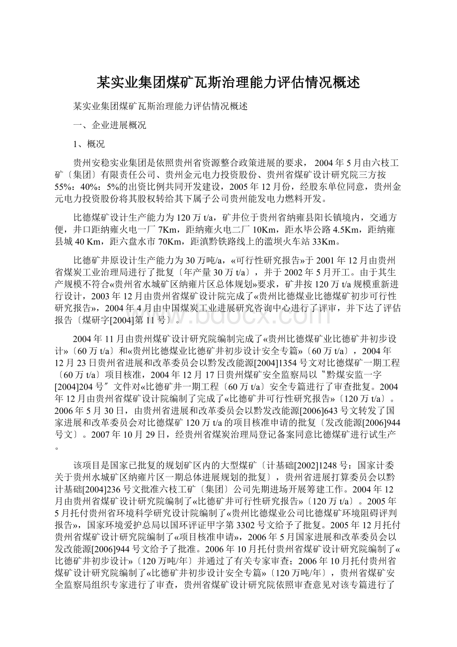 某实业集团煤矿瓦斯治理能力评估情况概述文档格式.docx_第1页