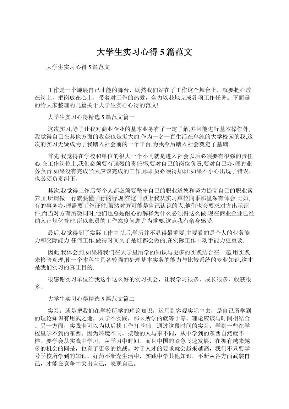 大学生实习心得5篇范文文档格式.docx