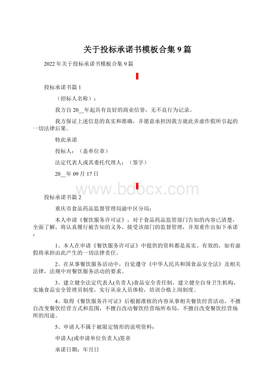 关于投标承诺书模板合集9篇Word文档格式.docx