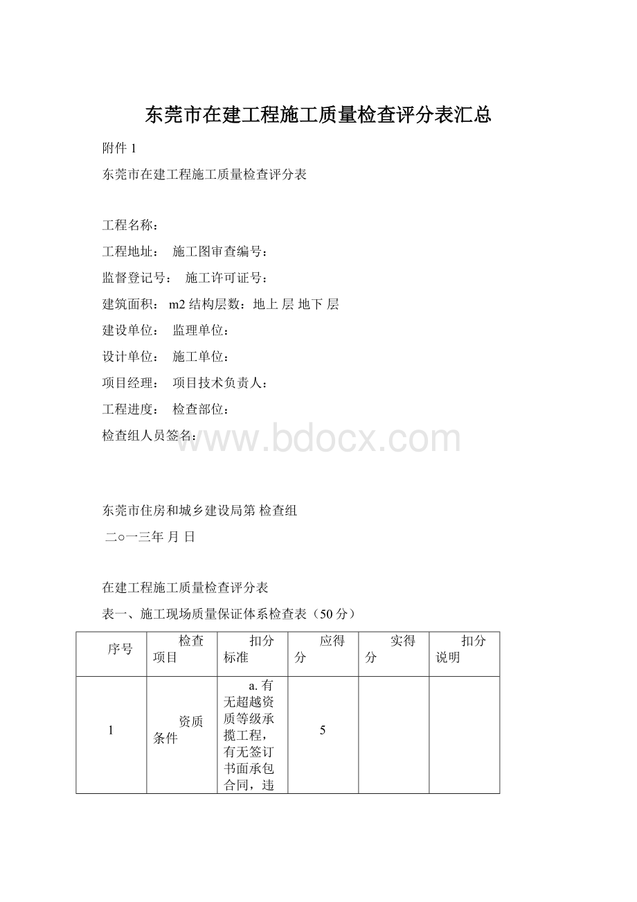 东莞市在建工程施工质量检查评分表汇总.docx