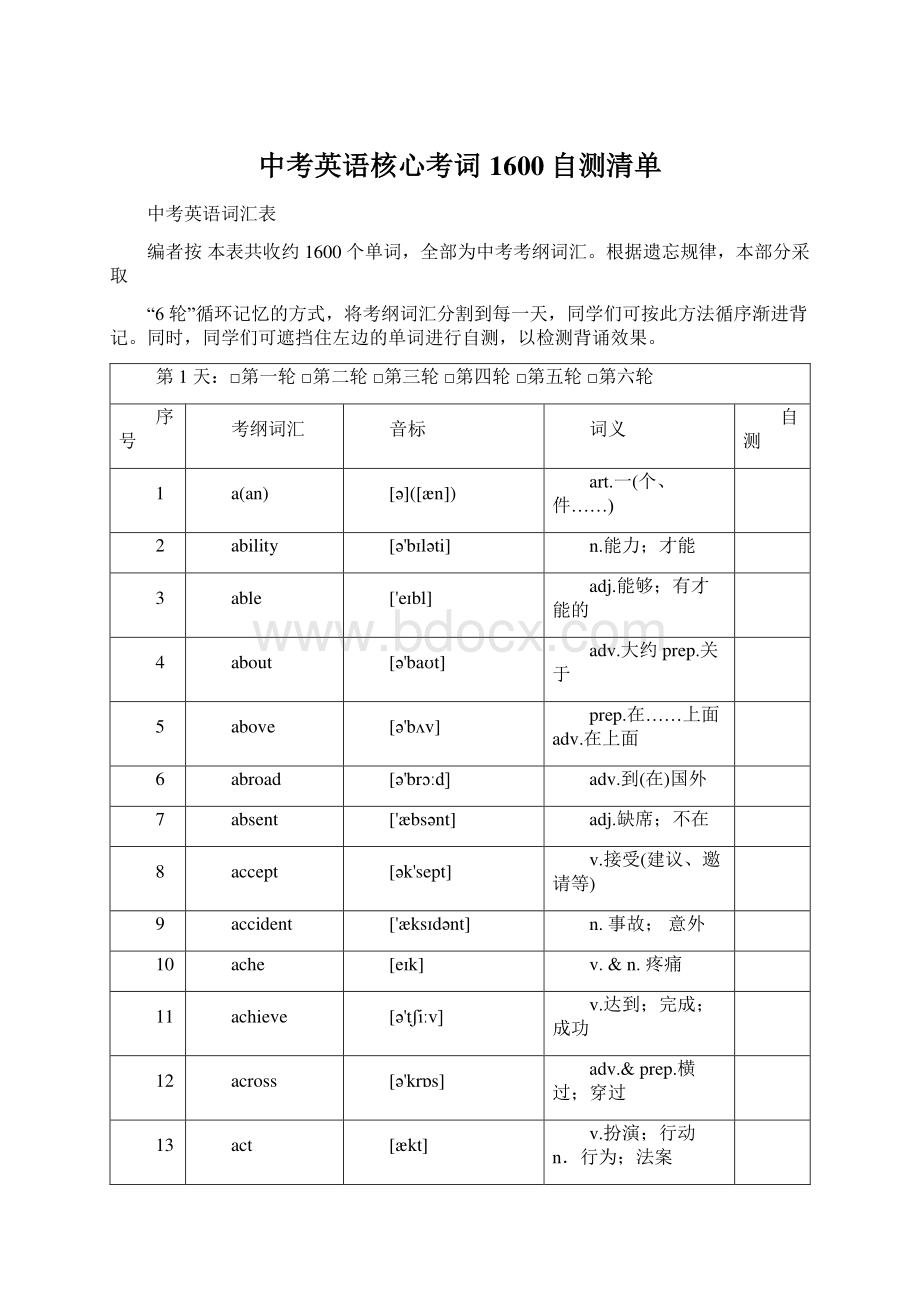 中考英语核心考词1600自测清单Word文档下载推荐.docx_第1页