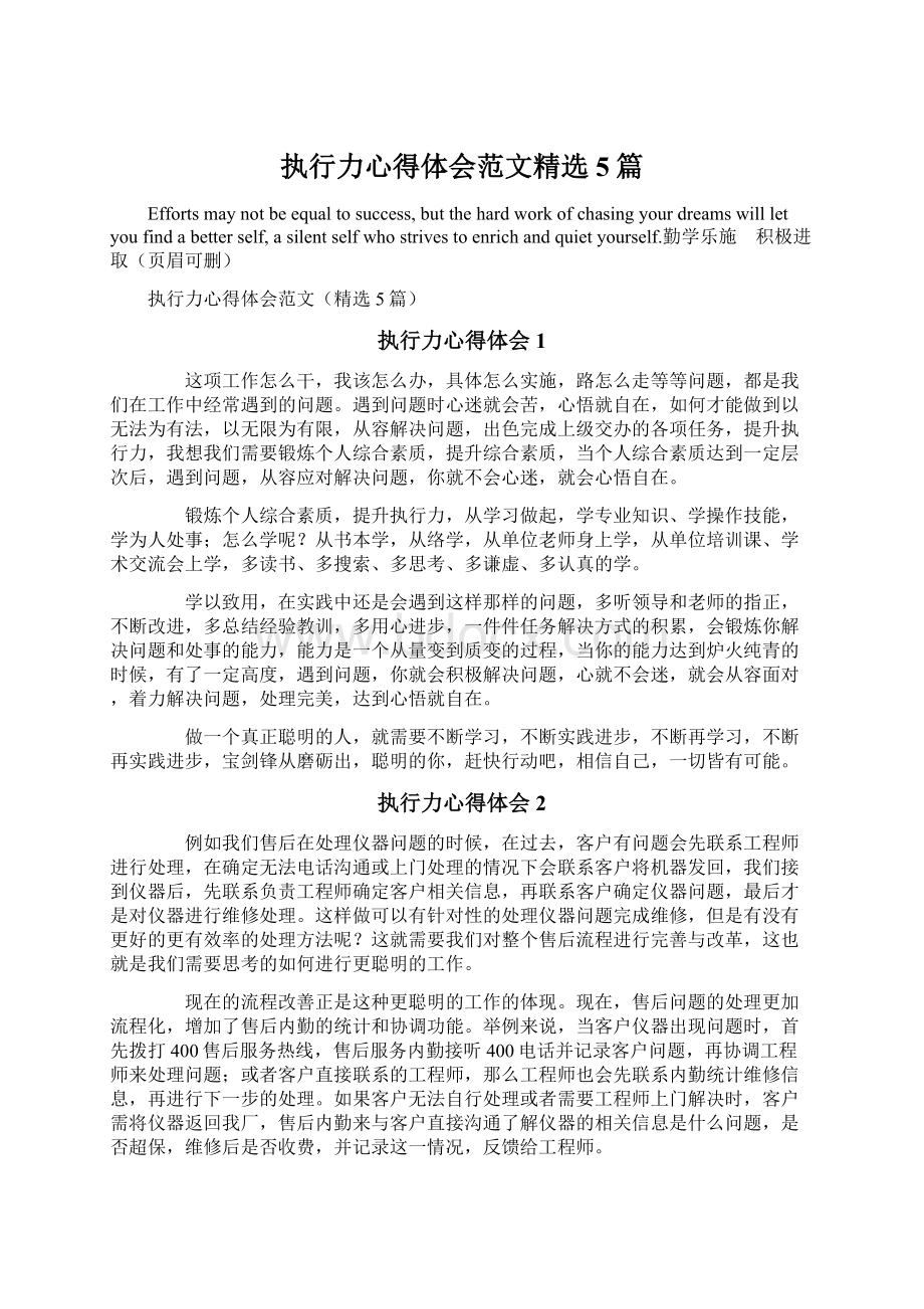 执行力心得体会范文精选5篇Word格式.docx