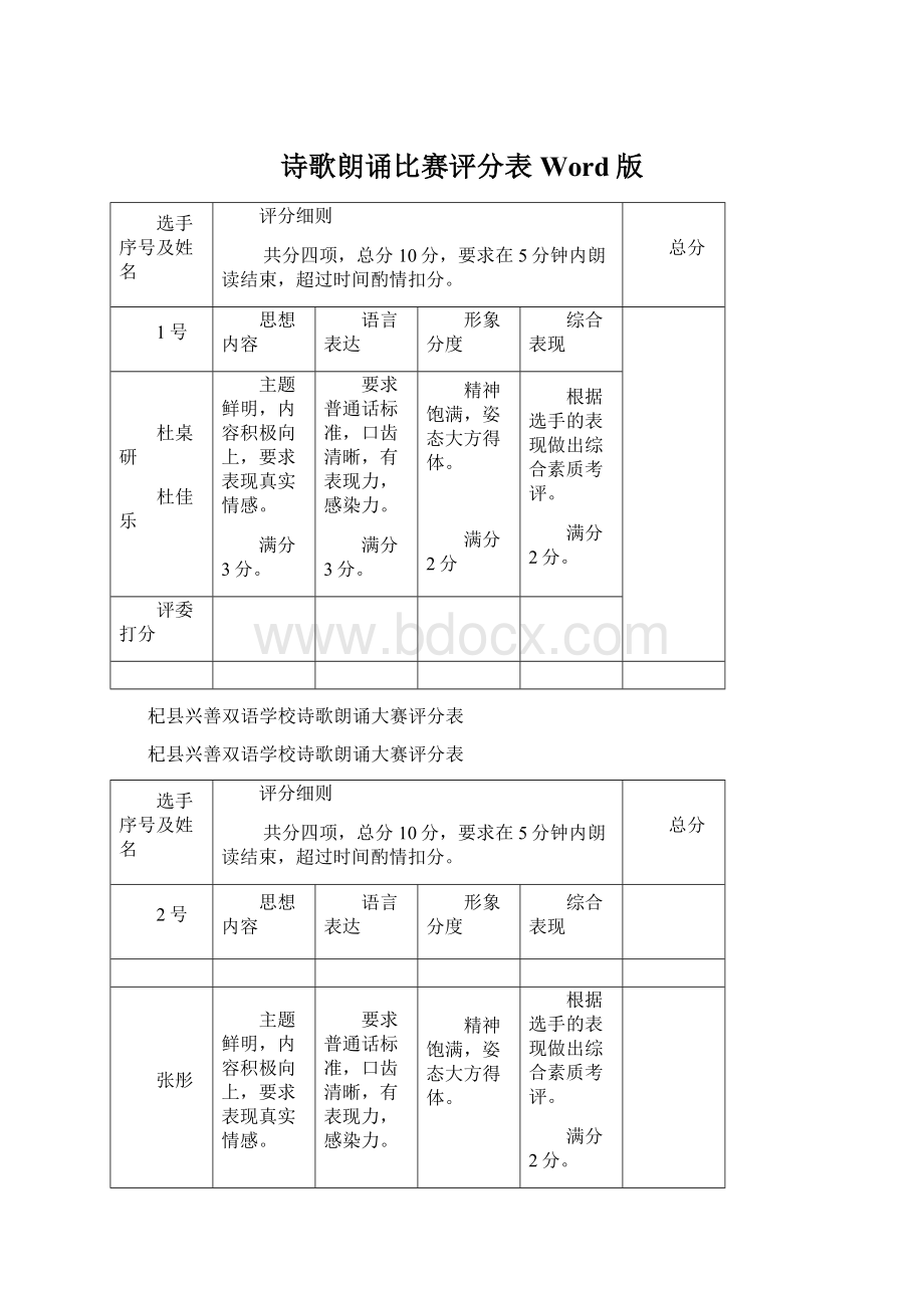 诗歌朗诵比赛评分表Word版.docx