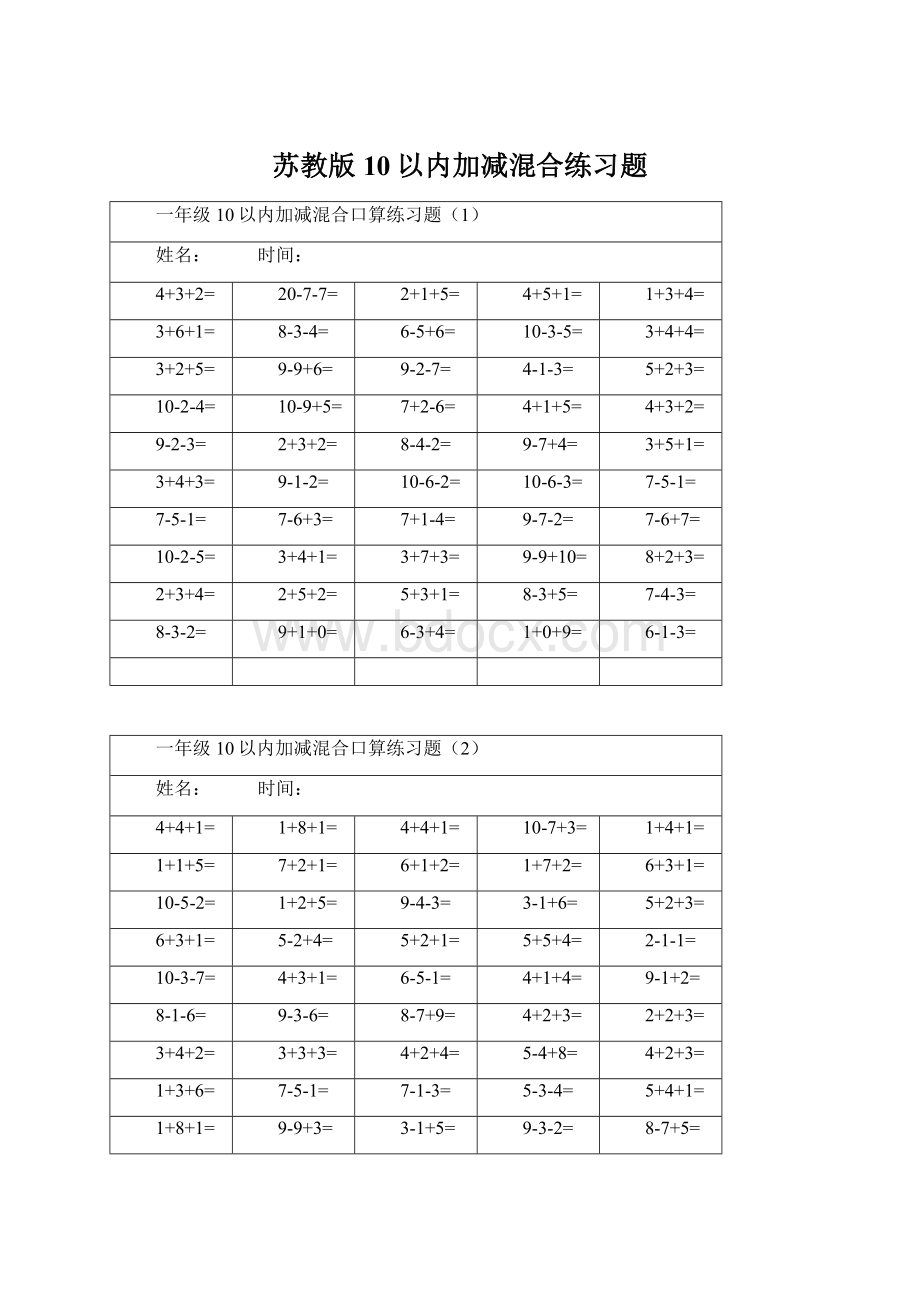 苏教版10以内加减混合练习题Word文档下载推荐.docx_第1页