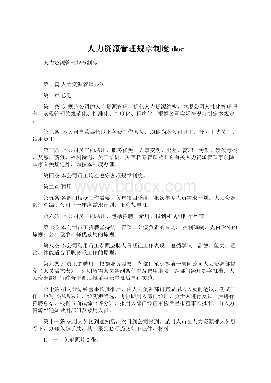 人力资源管理规章制度doc文档格式.docx