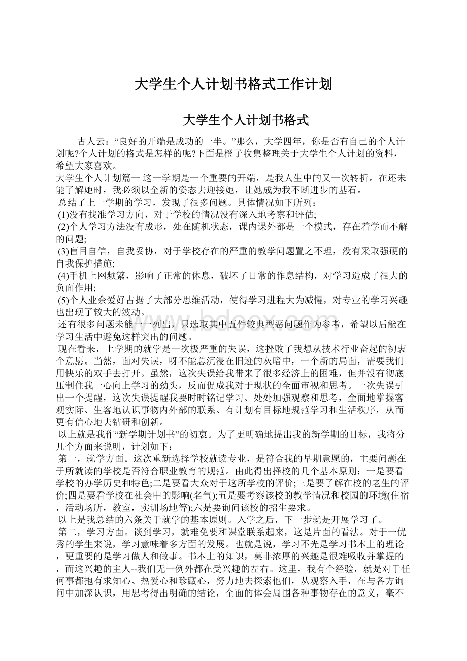 大学生个人计划书格式工作计划Word文件下载.docx