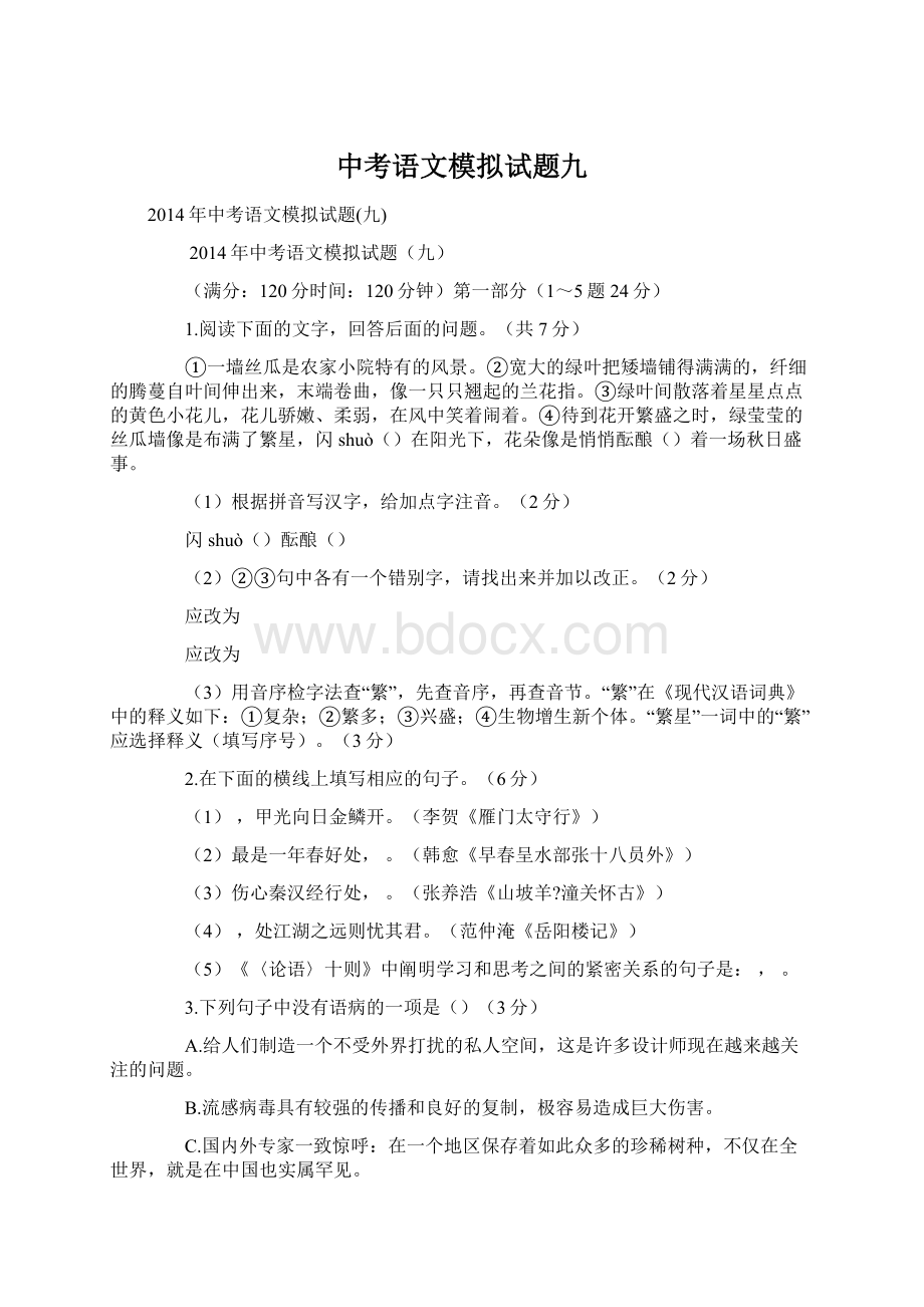 中考语文模拟试题九Word文件下载.docx_第1页